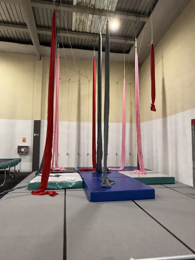 Zona de Telas Aéreas con telas suspendidas y colchonetas preparadas para entrenar.